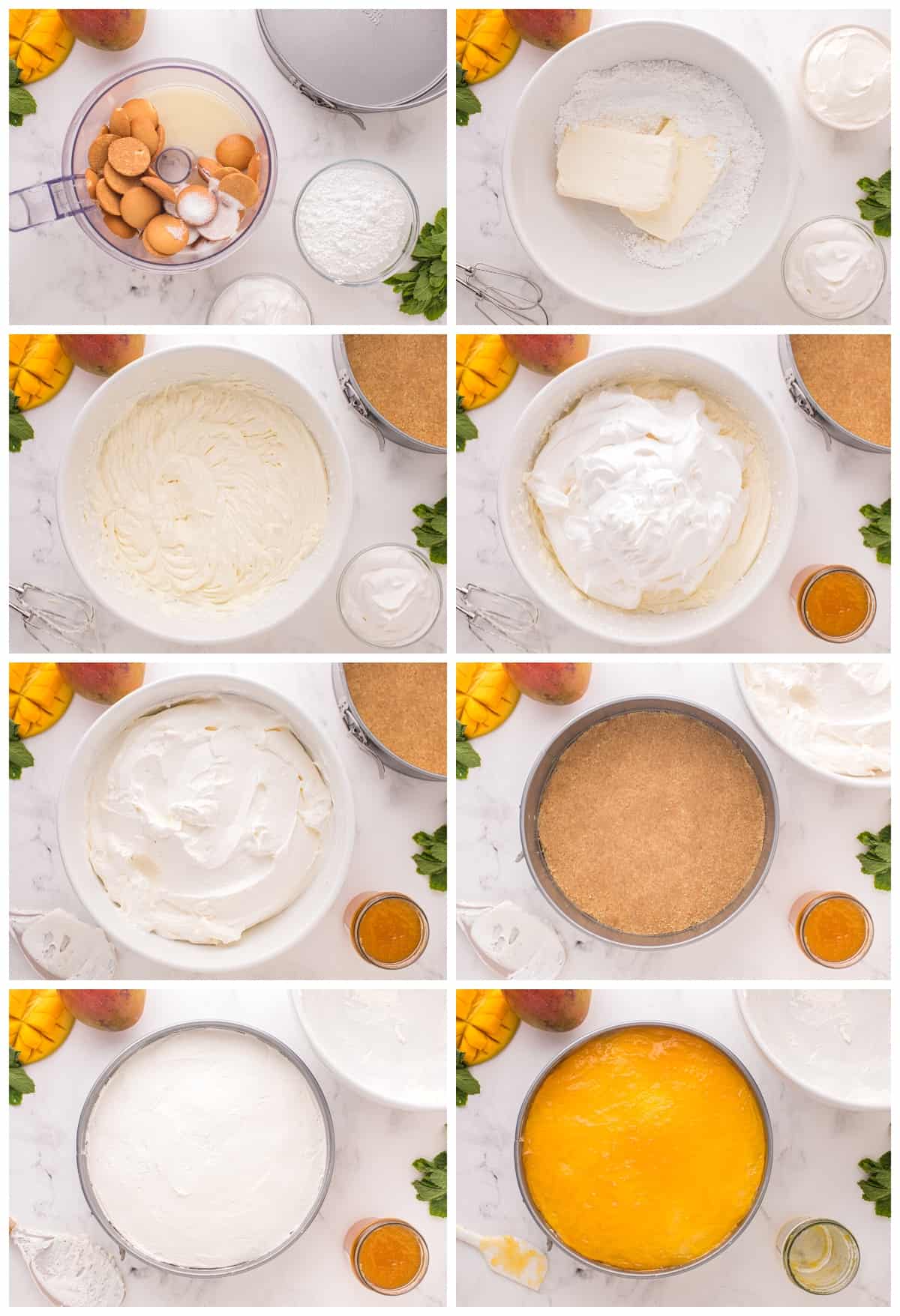 step by step photos for how to make no bake mango cheesecake.