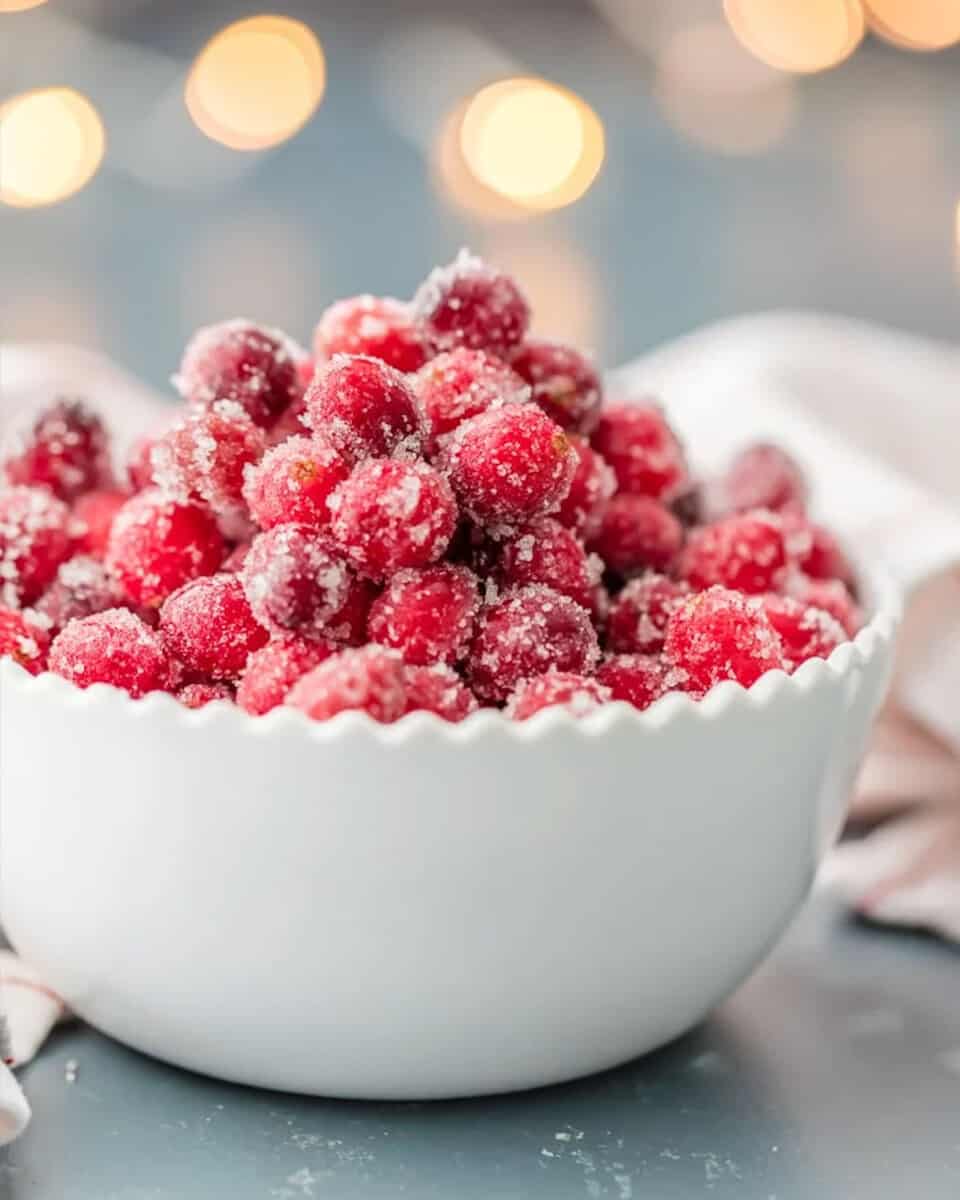Sugared cranberries in a white bowl on a table.