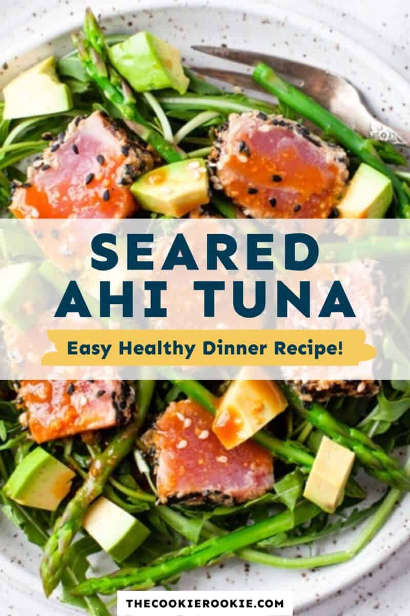 Seared ahi tuna on a plate.