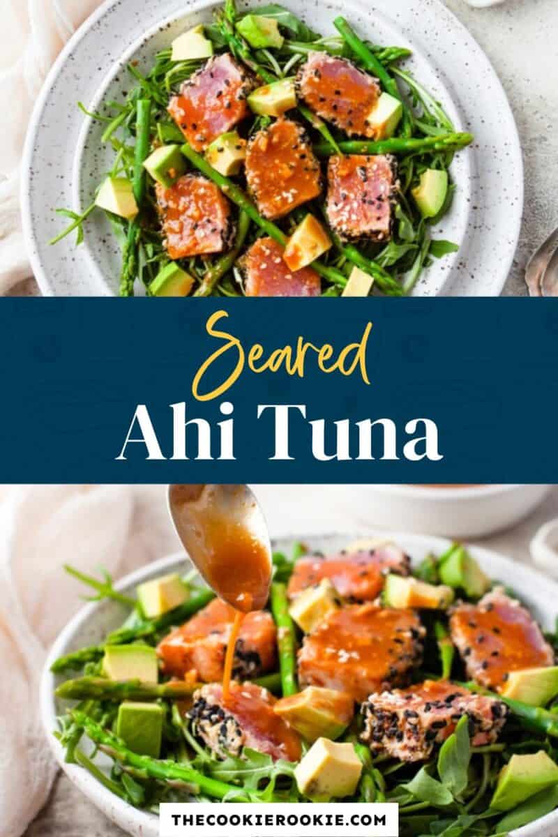seared ahi tuna on a plate.