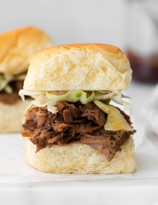 instant pot pulled pork slider on white serving tray