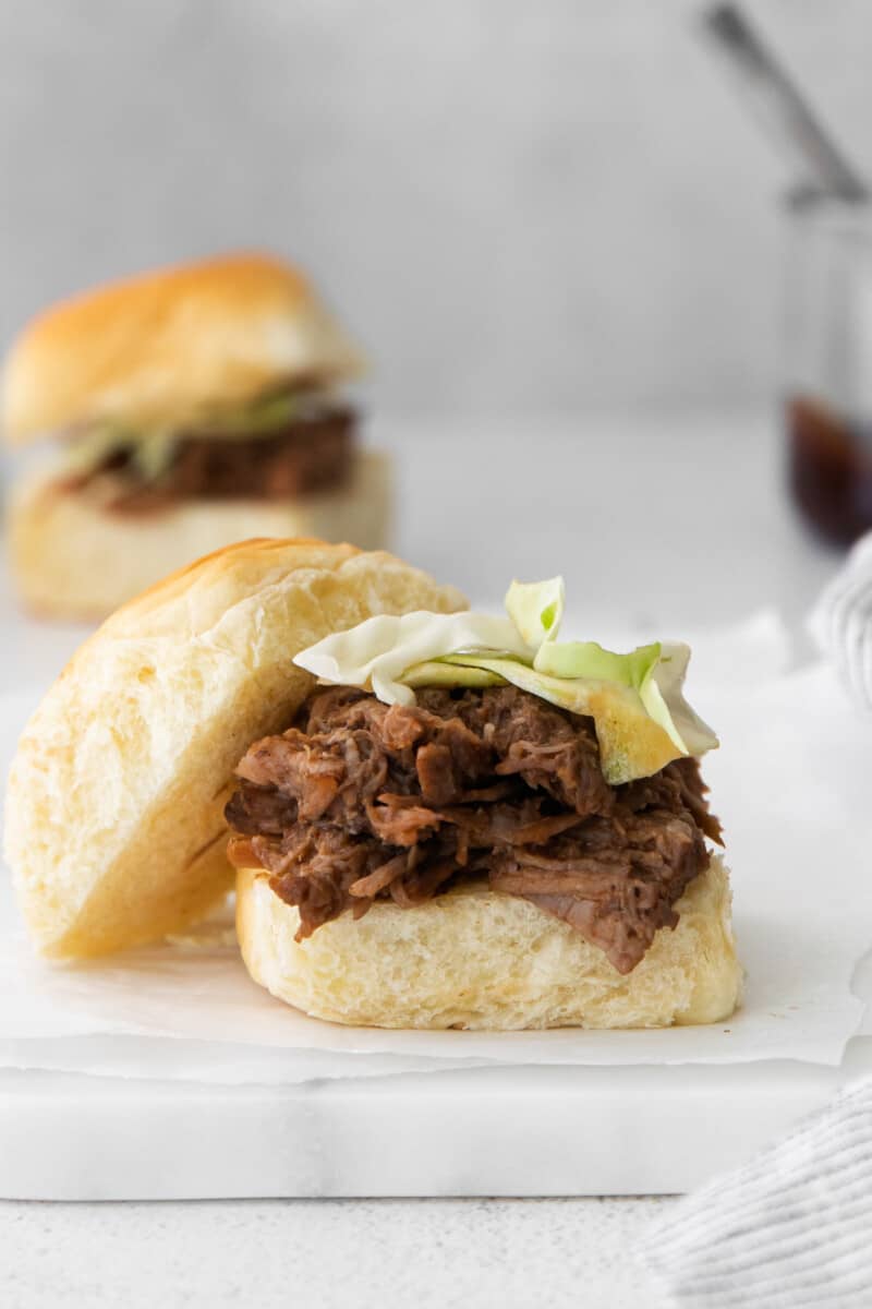 instant pot pulled pork slider on white serving tray open