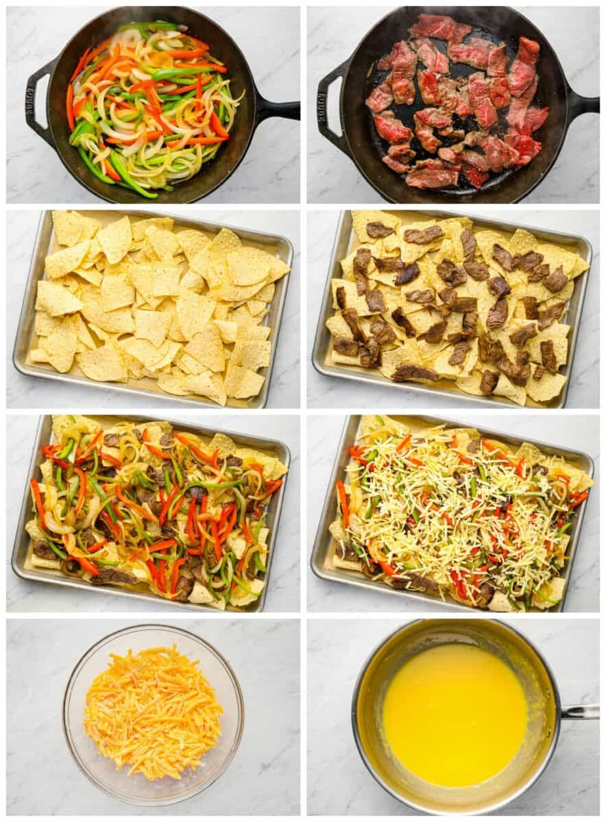 step by step photos for how to make philly cheesesteak nachos.