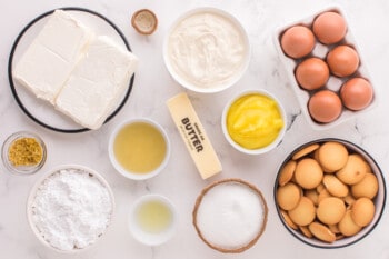 overhead view of ingredients for lemon meringue cheesecake.
