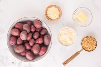 overhead view of ingredients for parmesan roasted potatoes.