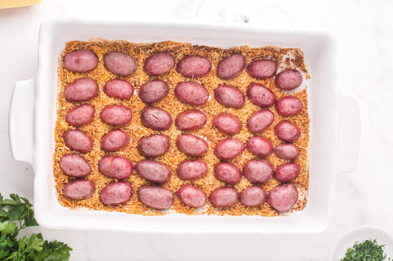 roasted halved red potatoes face down in a baking pan filled with parmesan and breadcrumbs.