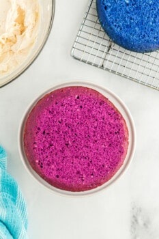 overhead view of a purple cake layer on a white cake stand.