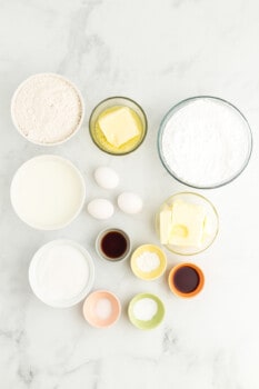 overhead view of ingredients for rainbow cake.