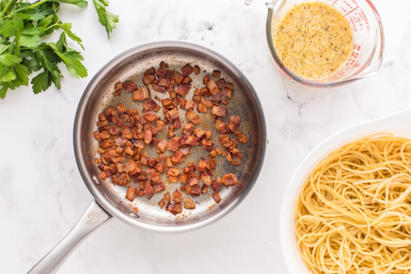 cooked diced bacon in a frying pan.