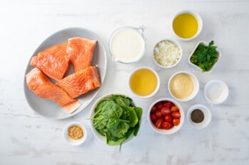 overhead view of ingredients for tuscan salmon.