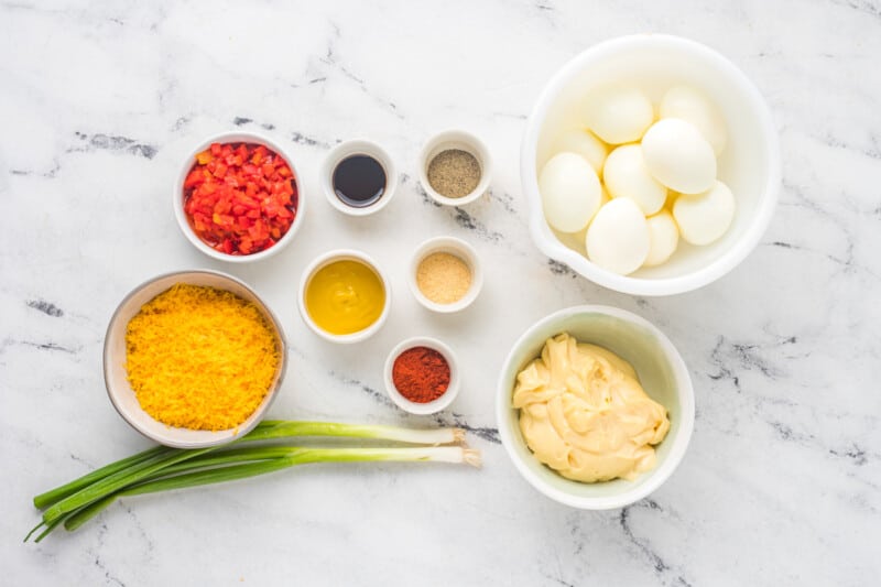 overhead view of ingredients for pimento cheese deviled eggs.