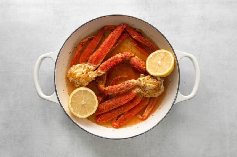 crab legs in a dutch oven.