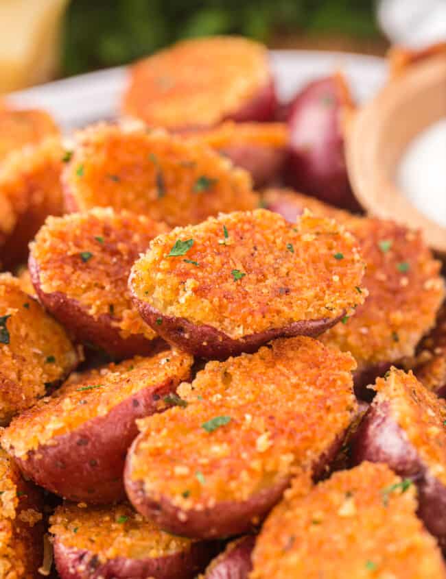 close up view of parmesan roasted potatoes.