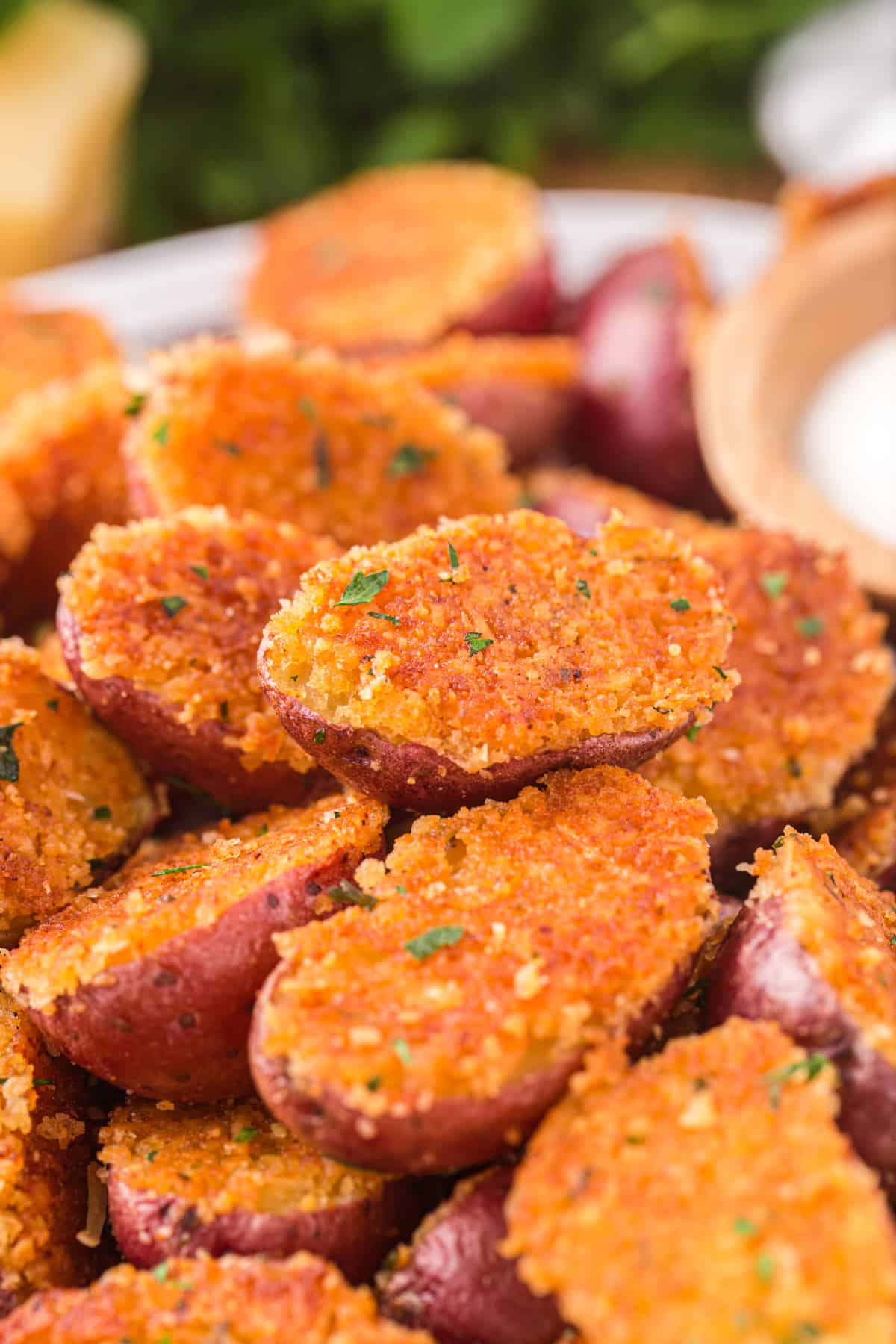 close up view of parmesan roasted potatoes.