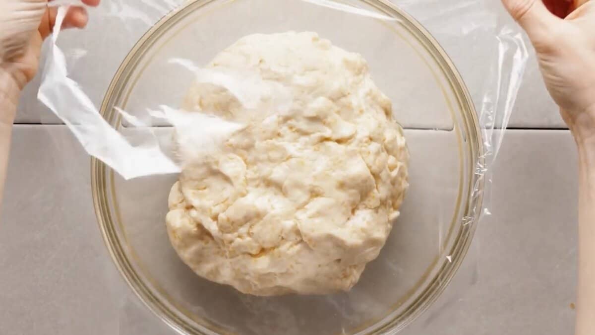 pizza dough resting in bowl with plastic wrap covering it