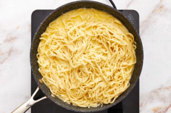 pasta added to alfredo sauce.