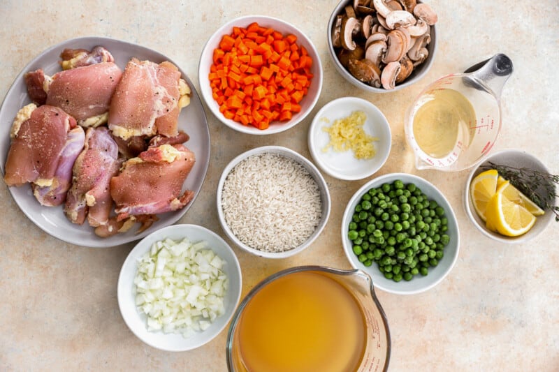 overhead view of ingredients for chicken and rice.