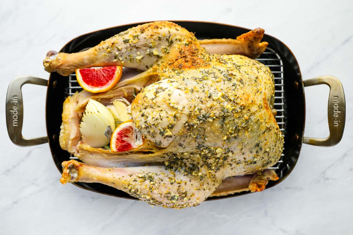 a roasted turkey in a pan on a marble countertop.