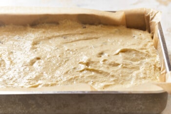 Italian cream cake batter in a rectangular baking pan.