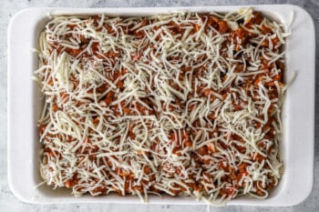 unbaked sour cream noodle casserole in a rectangular baking dish.