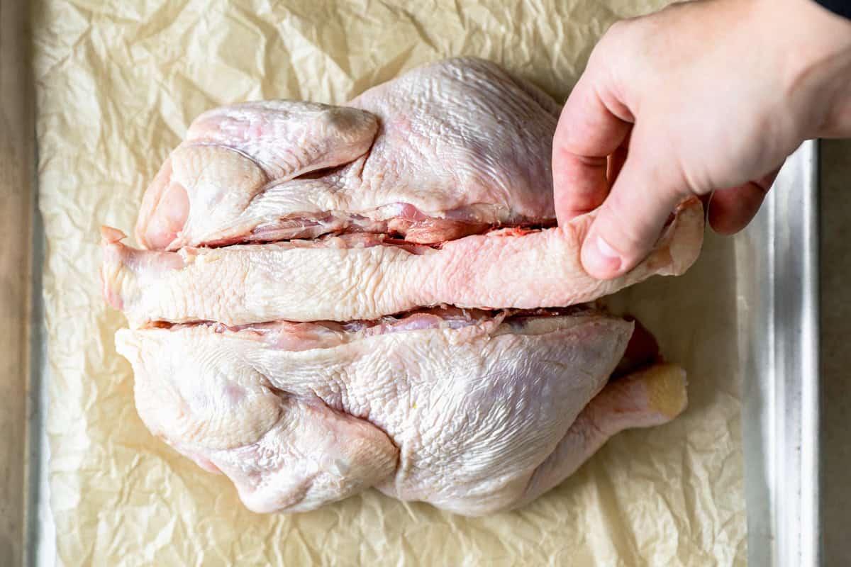 A hand removing the backbone from a whole chicken on a parchment-lined baking sheet.