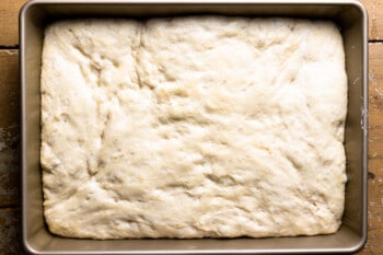 proofed no knead focaccia dough in a rectangular baking pan.