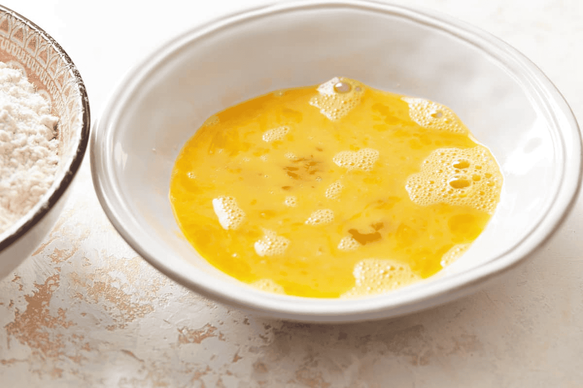 scrambled eggs in a bowl.