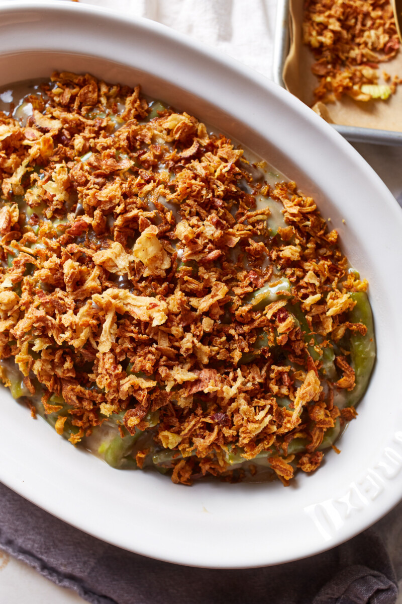 overhead view of an askew bowl of instant pot green bean casserole.