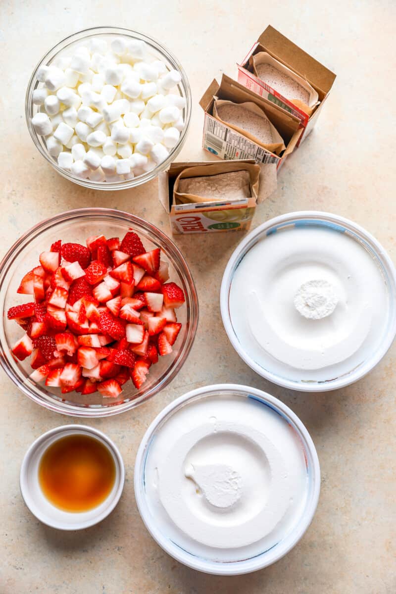 overhead view of ingredients for jello salad in individual bowls.