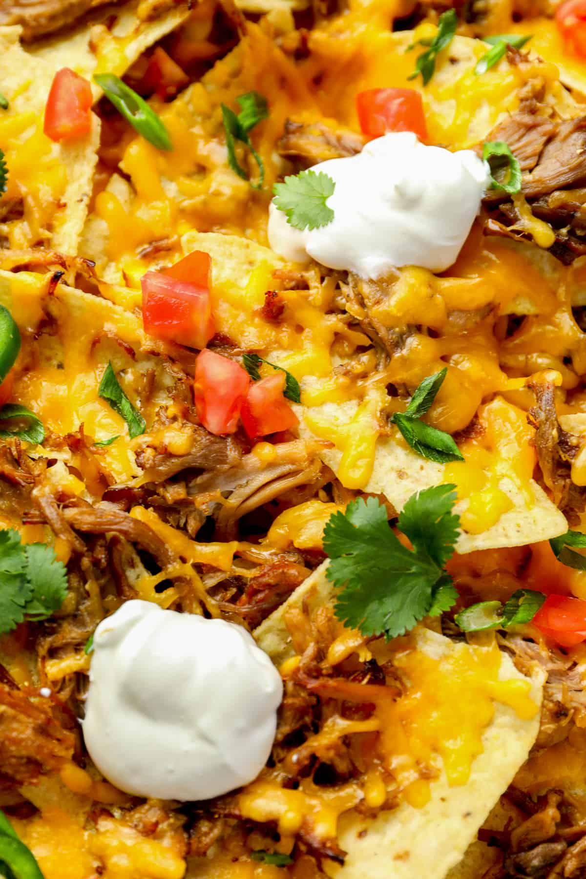 close up view of pulled pork nachos topped with cilantro, tomatoes, and sour cream.
