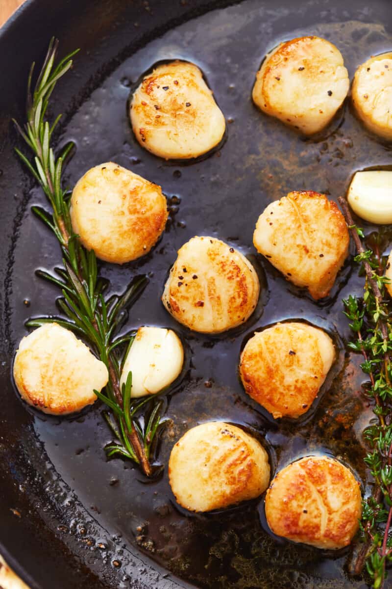 close up view of seared scallops in a cast iron pan with herbs.