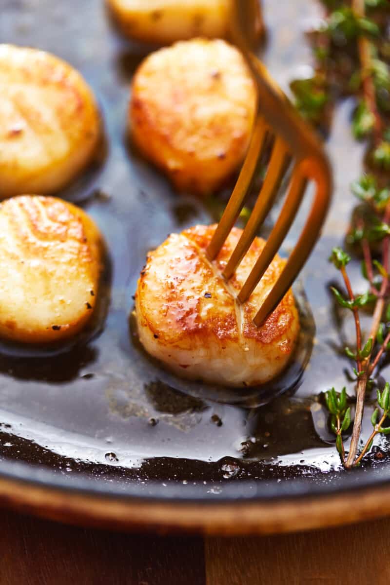 close up view of a fork stabbing a seared scallop on a black plate.