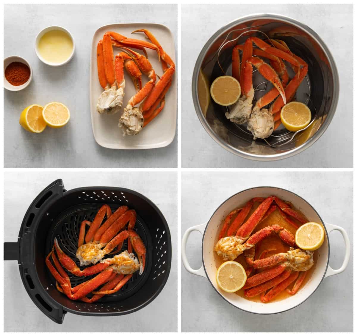 step by step photos showing how to cook crab legs (in a Air Fryer, Instant Pot, or stockpot).