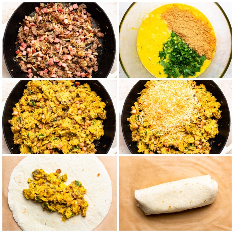 step by step photos for how to make make ahead breakfast burritos.