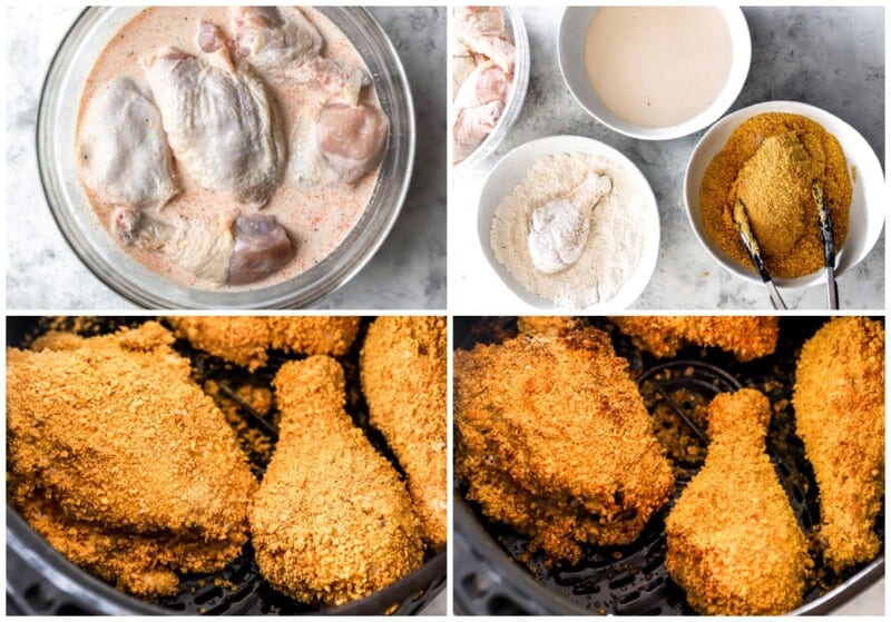 step by step photos for how to make air fryer fried chicken.