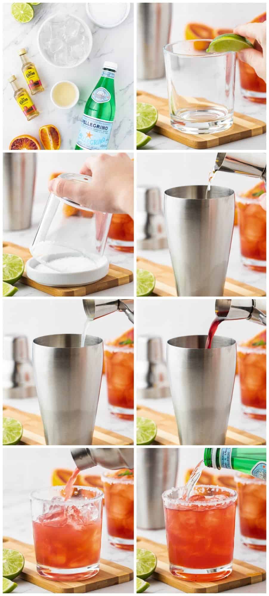 step by step photos for how to make a blood orange margarita.