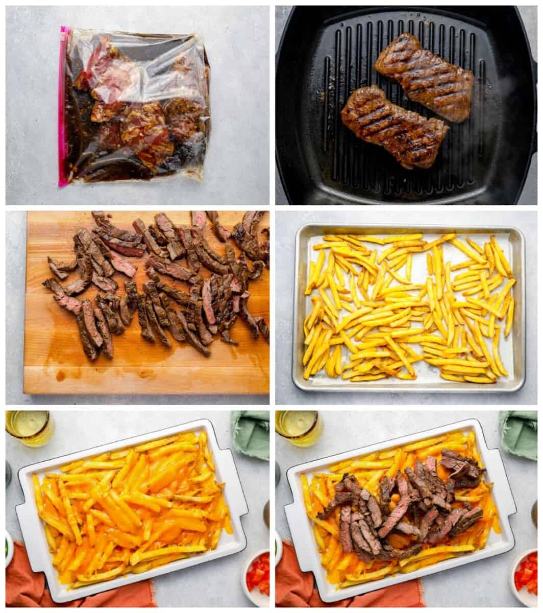 step by step photos for how to make carne asada fries.