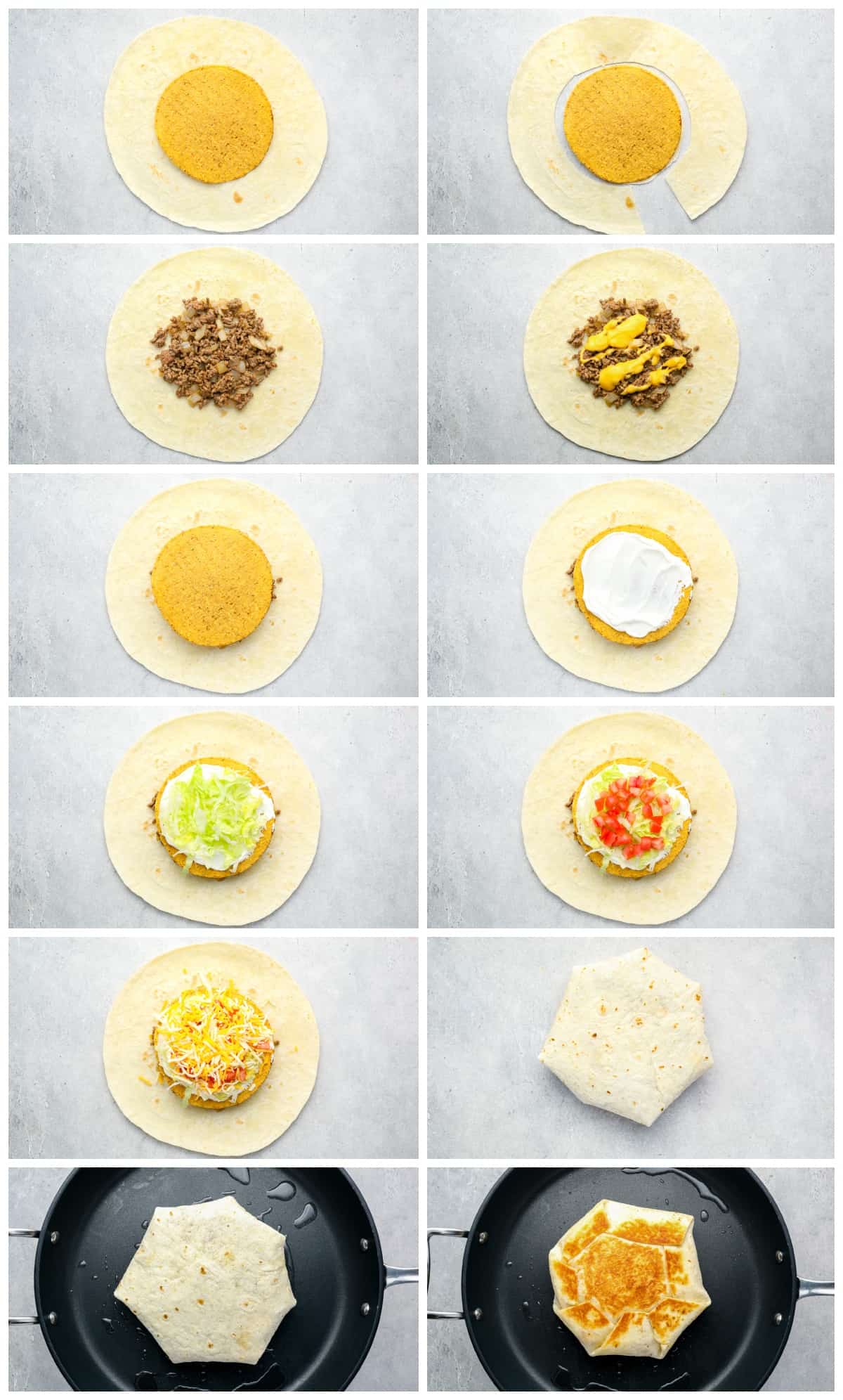 step by step photos for how to make a crunchwrap supreme.