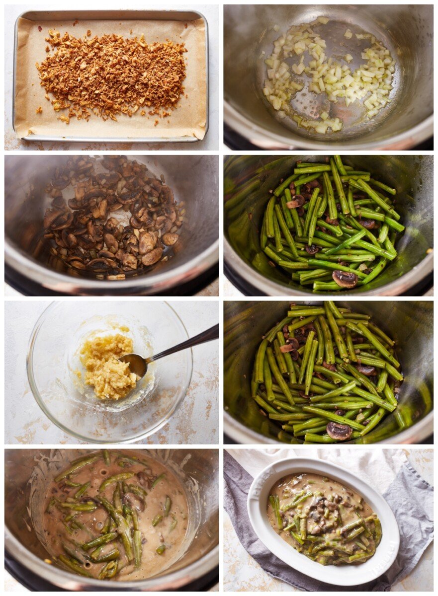 step by step photos for how to make instant pot green bean casserole.