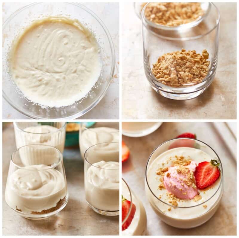 step by step photos for how to make no bake cheesecake cups.