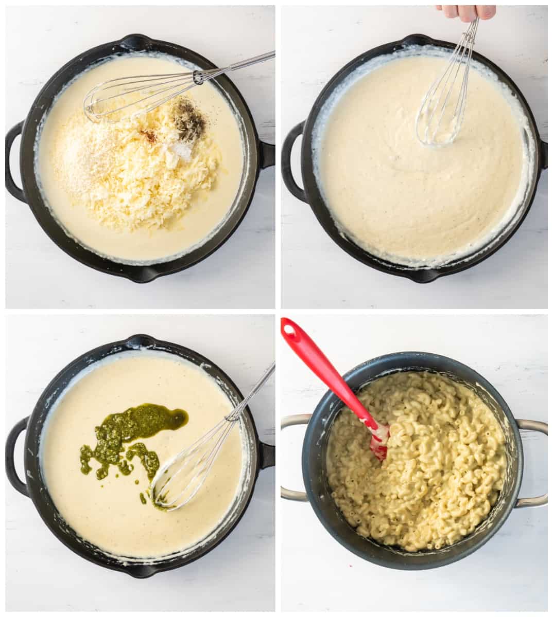 step by step photos for how to make pesto mac and cheese.