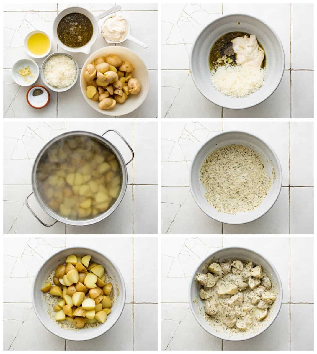 step by step photos for how to make pesto potato salad.