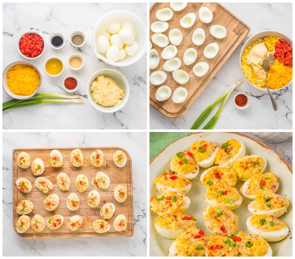 step by step photos for how to make pimento cheese deviled eggs.