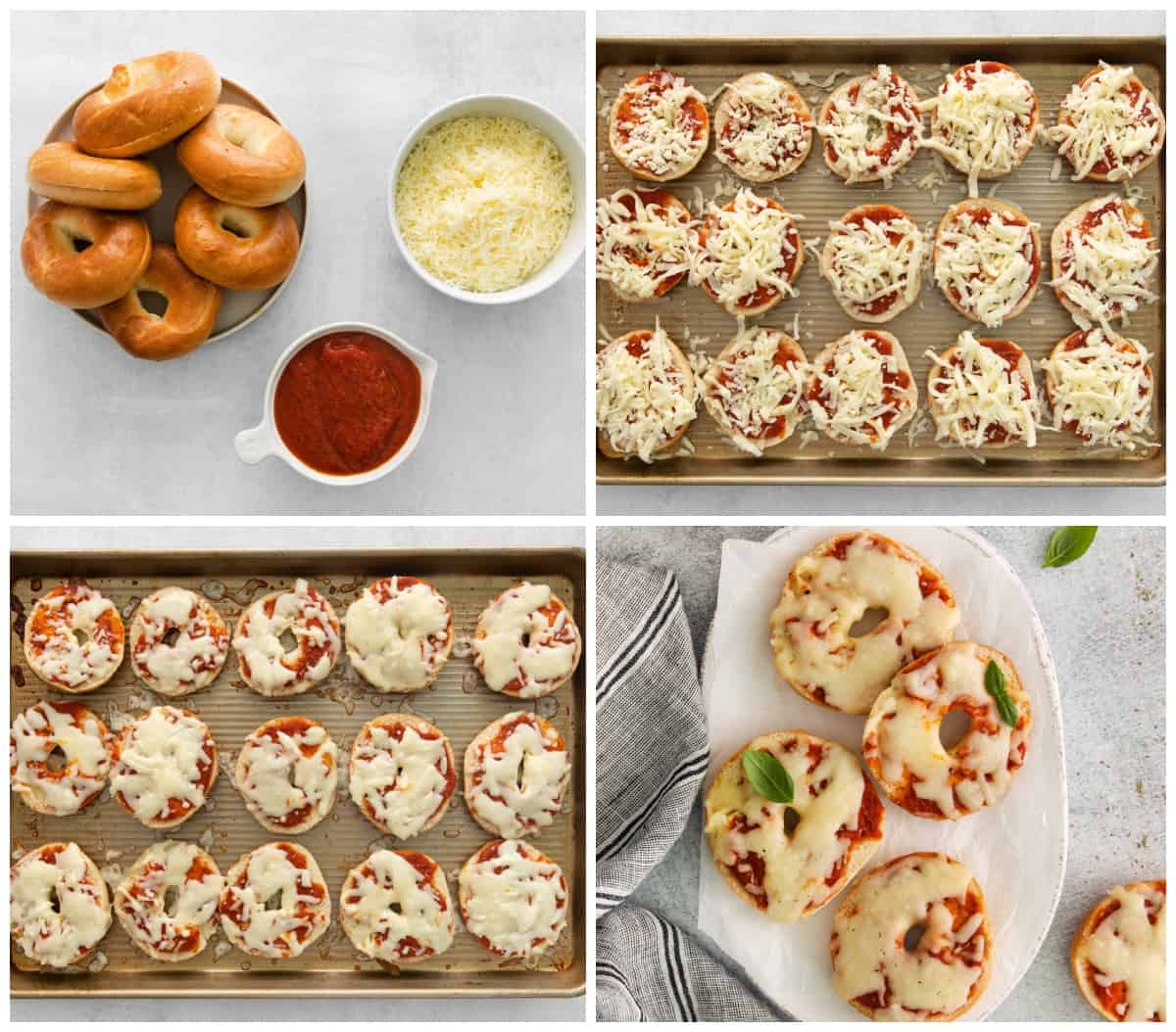 step by step photos for how to make pizza bagels.