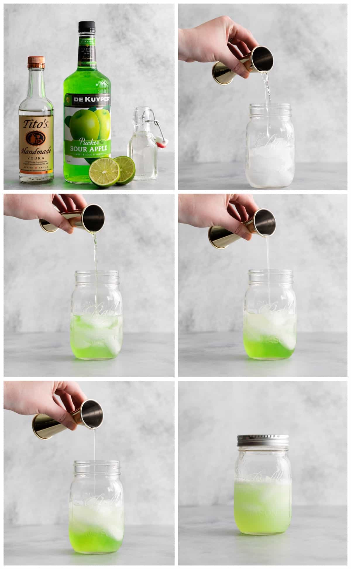 step by step photos for how to make sour apple martini.