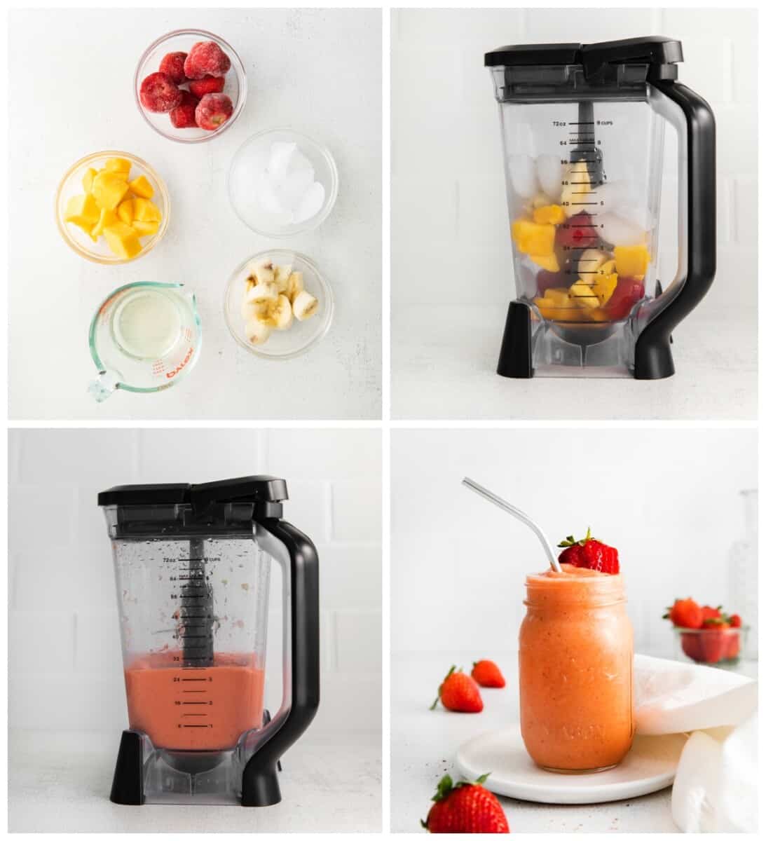 step by step photos for how to make strawberry mango smoothie.