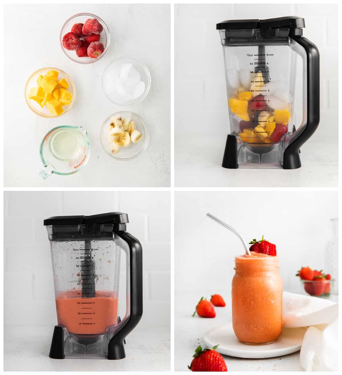 step by step photos for how to make strawberry mango smoothie.