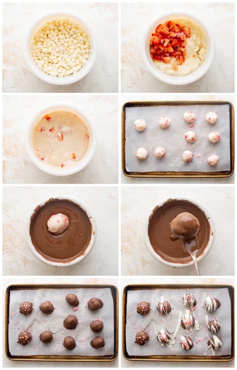 step by step photos for how to make strawberry truffles.