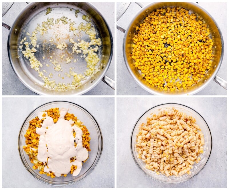 step by step photos for how to make street corn pasta salad.