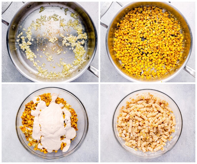 step by step photos for how to make street corn pasta salad.